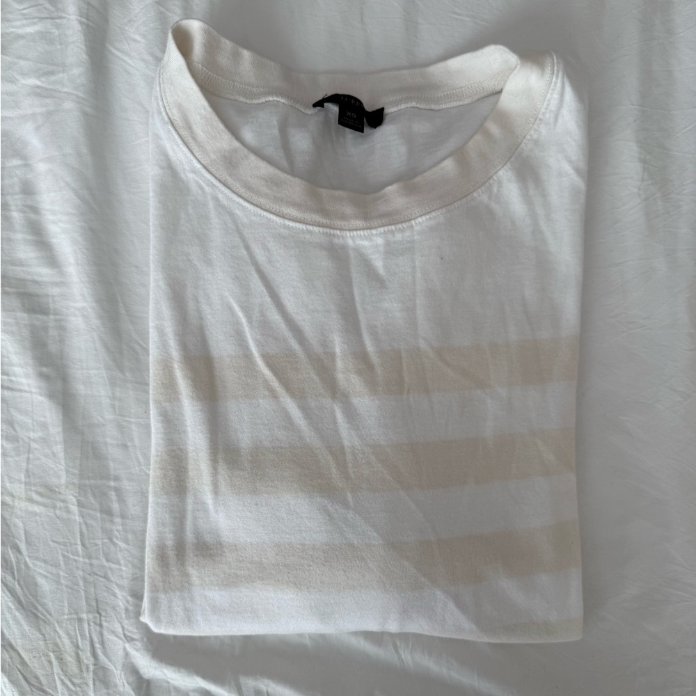 Women’s J.Crew Cream and White Striped 3/4 Length Sleeved Tee